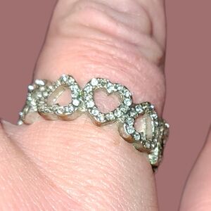Ring size 7 hearts band Crystal Coctail Ring Silvertone With Rhindstones